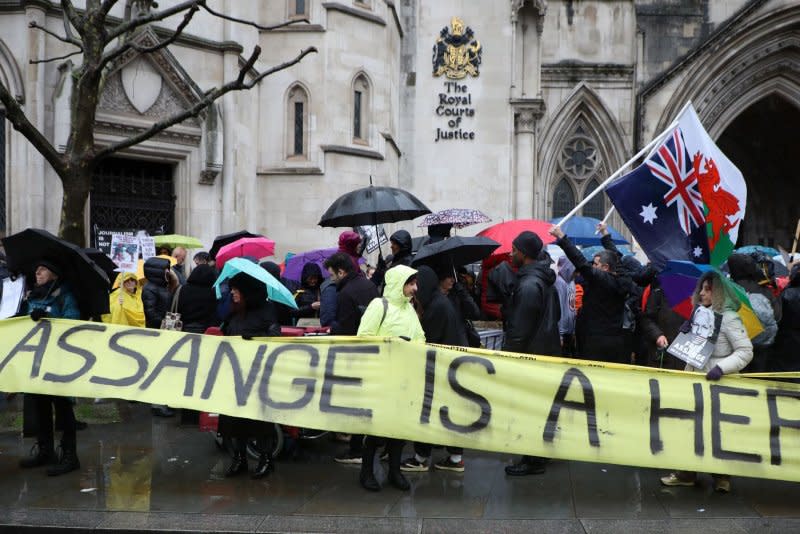 Supporters of Julian Assange protested against his extradition to the United States where he will potentially face life behind bars. Photo by Hugo Philpott/UPI