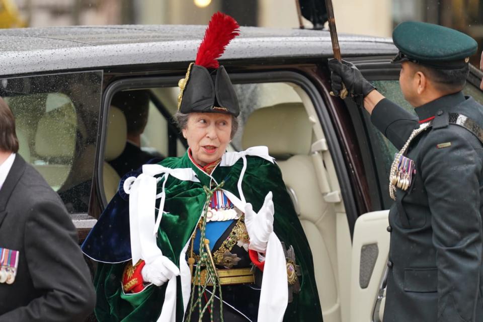 The Princess Royal arriving ahead of the coronation ceremony of King Charles III and Queen Camilla at Westminster Abbey.