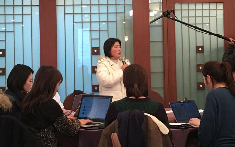 North Korean defector Kim Ryon-Hui speaks to reporters during a press conference by Tomas Ojea Quintana, the UN's Special Rapporteur on human rights in North Korea, in Seoul on December 14, 2017 - AFP