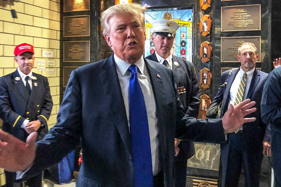 Former President Donald Trump visits the Engine Co. 8 firehouse where he praised first responders' bravery while criticizing President Joe Biden over the pullout from Afghanistan, in New York Sept 11 20th Anniversary, New York, United States - 11 Sep 2021