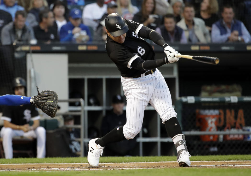 Chicago White Sox's Avisail Garcia hits a one-run single during the first inning of a baseball game against the Chicago Cubs, Saturday, Sept. 22, 2018, in Chicago. (AP Photo/Nam Y. Huh)