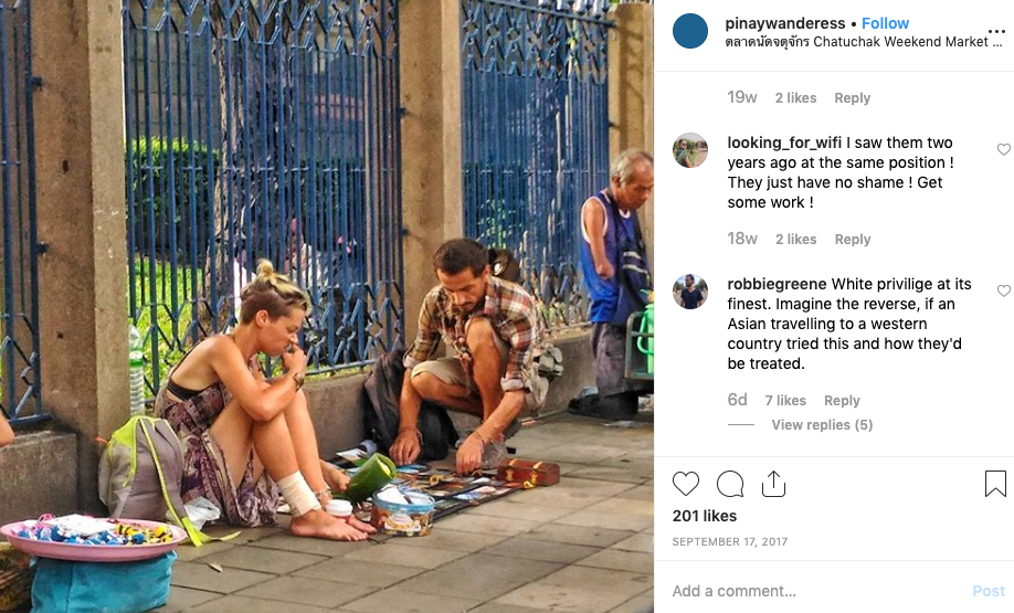 Two 'begpackers' on the street begging for money. Source: Instagram 