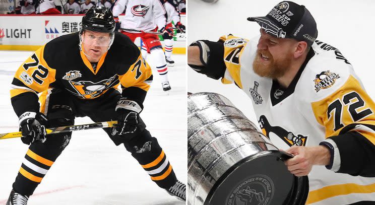 Patric Hornqvist in Game 1 against the Columbus Blue Jackets (Joe Sargent/Getty) vs. Patric Hornqvist after Game 6 of the Stanley Cup Final. (Jeff Roberson/AP)