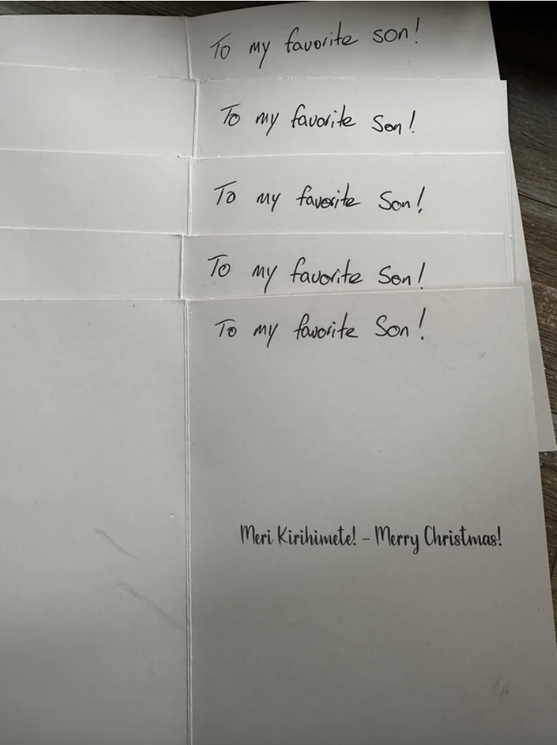 Five cards all showing "To my favorite son!" written at the top