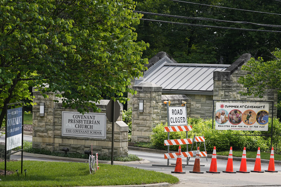 An entrance to The Covenant School is seen Wednesday, May 24, 2023, in Nashville, Tenn. The school is the site where a deadly shooting in March took the lives of three 9-year-olds and three adults. (AP Photo/George Walker IV)