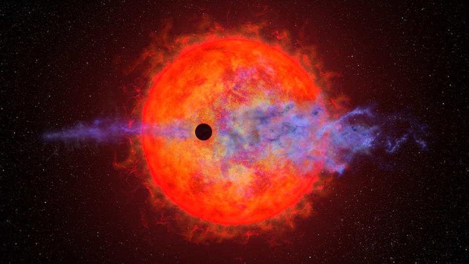 A flaming red star appears in the background.  In the foreground, a tiny black orb moves forward.  Surrounding the black orb is a hazy purple atmosphere blowing in all directions.