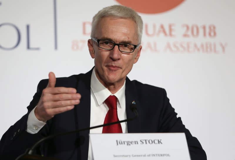 Interpol's Secretary General Jurgen Stock talks during a news conference in Dubai, United Arab Emirates