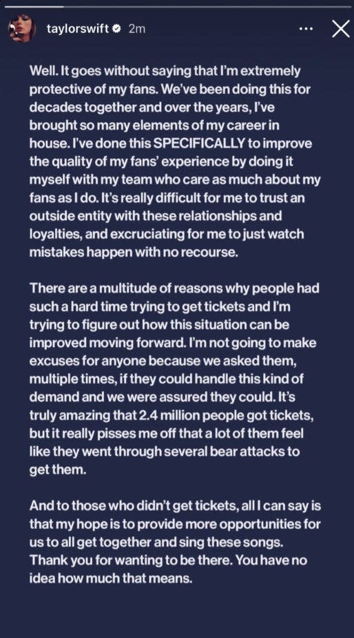 screenshot of Taylor Swift Instagram story statement