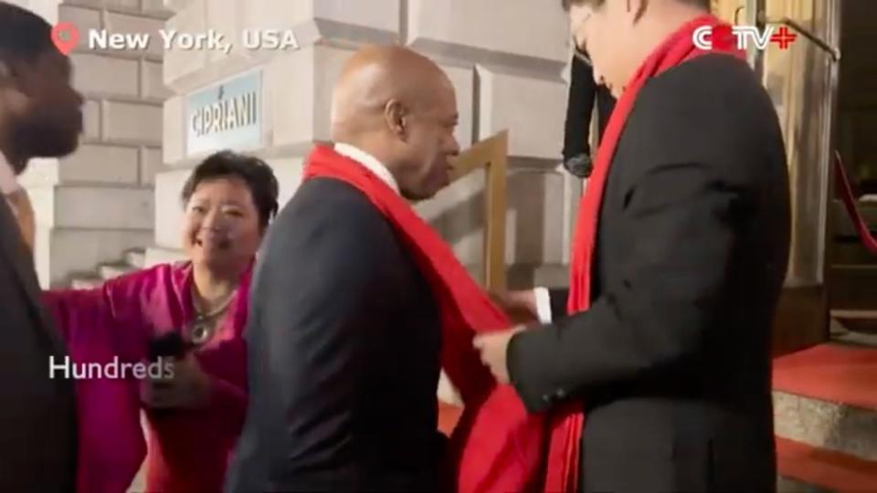 Eric Adams and Winnie Greco, the mayor’s Asian affairs specialist, attended the Lunar New Year event at Cipriani Downtown last month when the mayor was given a red scarf, similar to ones worn by members of the CCP. CCTV+