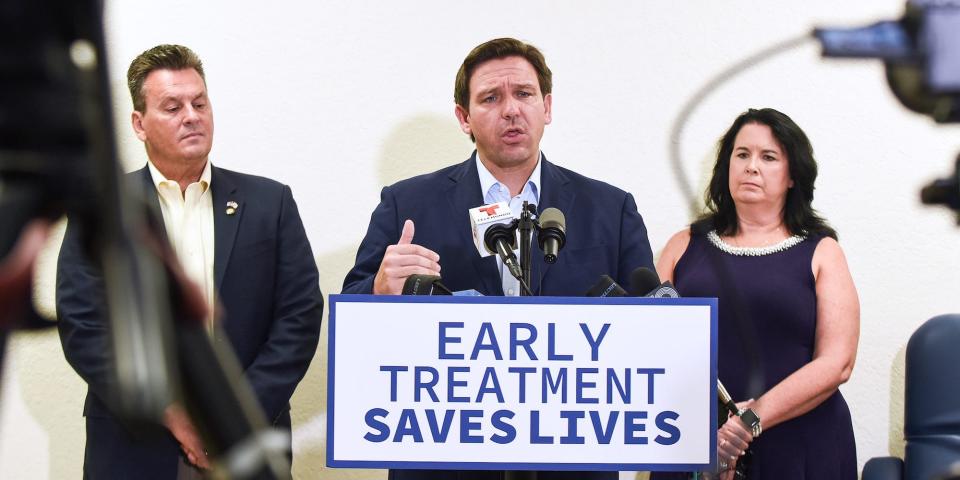 Florida Governor Ron DeSantis speaks at a press conference to announce the opening of a monoclonal antibody treatment site for COVID-19 patients at Lakes Church in Lakeland, Florida. DeSantis stated that the site will offer the Regeneron treatment, and will operate 7 days a week, treating 300 patients a day.