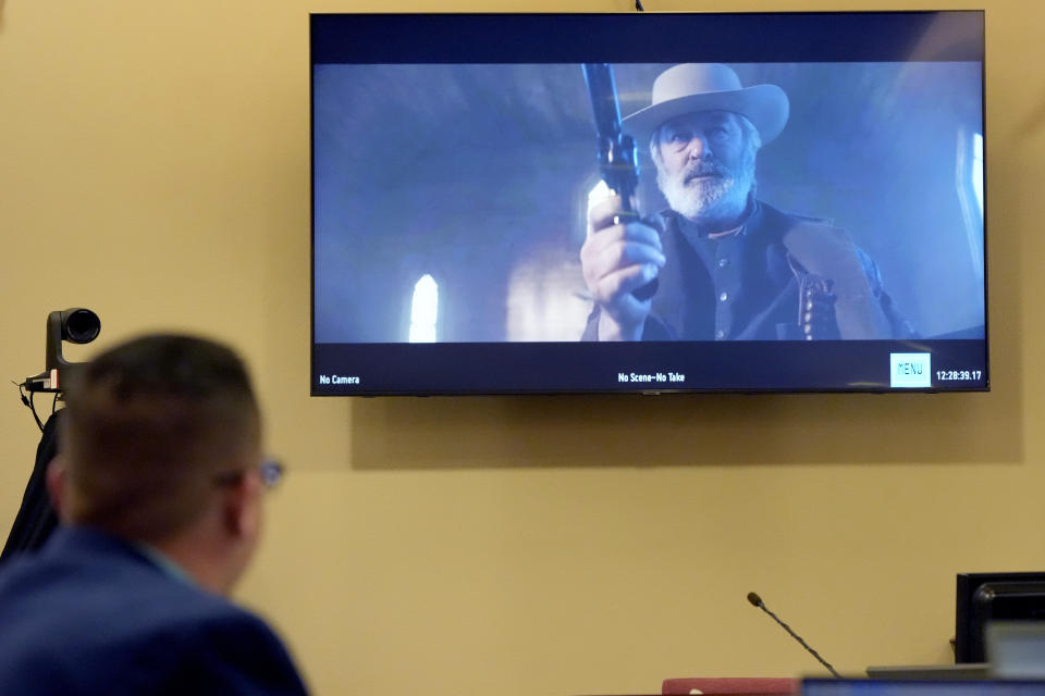 A video scene from the film, "Rust" showing actor Alec Baldwin is viewed during a hearing in his involuntary manslaughter trial, in District Court in Santa Fe, N.M., Wednesday, July 10, 2024. (AP Photo/Ross D. Franklin, Pool)