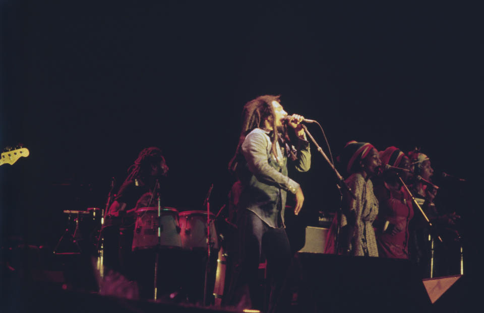 Jamaican reggae singer Bob Marley gives the last concert of his French tour at Le Bourget. The event was the biggest concert France has ever seen. (Photo by © Jacques Pavlovsky/Sygma/CORBIS/Sygma via Getty Images)