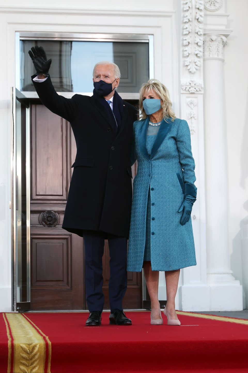 <p>The First Lady chose a dress and matching coat in teal bluein wool tweed—a twist on the color of the Democratic Party—designed by New York City's Alexandra O'Neill of <a href="https://markarian-nyc.com" rel="nofollow noopener" target="_blank" data-ylk="slk:Markarian;elm:context_link;itc:0;sec:content-canvas" class="link ">Markarian</a>. The house, which is more of a newcomer to the fashion scene, is known for its feminine party-wear (Dr. Biden's choice was trimmed with velvet, chiffon, crystals, and pearls). It is tradition for the First Lady to support American designers during inauguration events, and this kind of exposure for a young brand and its designer is a welcome choice during a year of economic hardships for many industries. </p><p>The First Lady also wore white diamond pavé earrings set in recycled platinum for the festivities. The earrings, which are designed by <a href="https://www.moniquepean.com" rel="nofollow noopener" target="_blank" data-ylk="slk:Monique Péan;elm:context_link;itc:0;sec:content-canvas" class="link ">Monique Péan</a> and crafted by master artisans in New York City, are a nod to sustainability. </p>