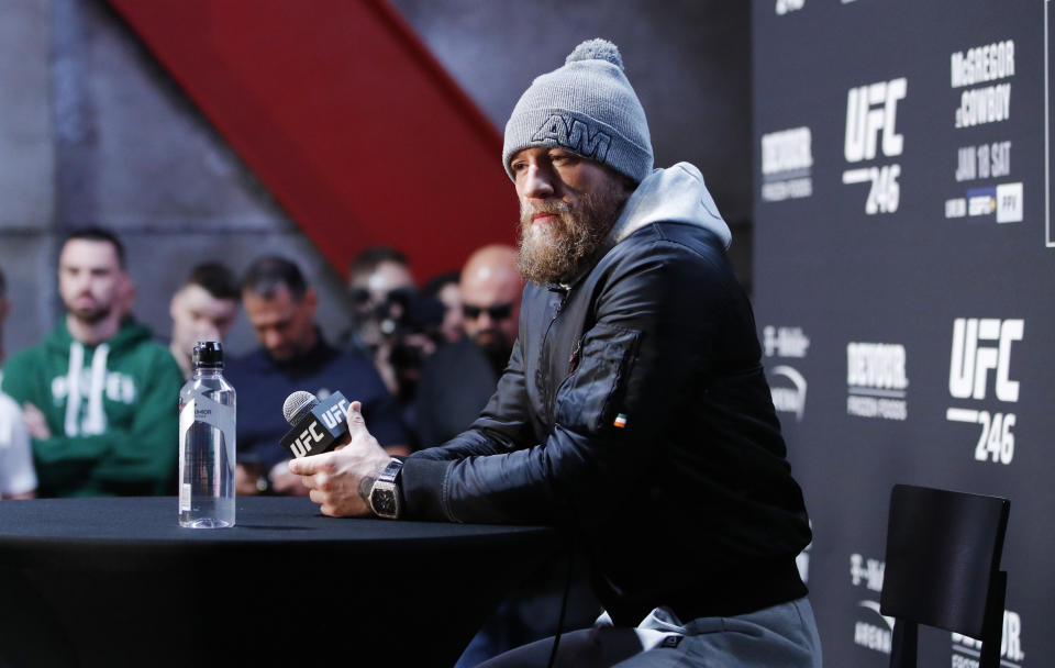 Conor McGregor speaks during a media event for the UFC 246 mixed martial arts bout, Thursday, Jan. 16, 2020, in Las Vegas. McGregor is scheduled to fight Donald "Cowboy" Cerrone in a welterweight bout Saturday in Las Vegas. (AP Photo/John Locher)