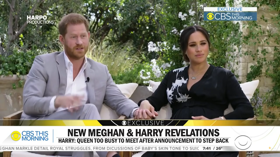 日前英國哈利王子（Prince Harry）和妻子梅根（Meghan Markle）接受美國名主持人歐普拉（Oprah Winfre）專訪。   圖：翻攝自 CBS This Morning Youtube