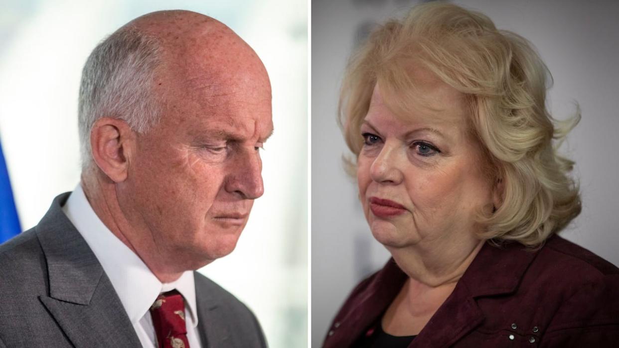 Public Safety Minister Mike Farnworth and Surrey Mayor Brenda Locke are opponents in a B.C. Supreme Court hearing to determine if Farnworth was justified in ordering Surrey to switch from RCMP to a municipal force. (Ben Nelms/CBC - image credit)