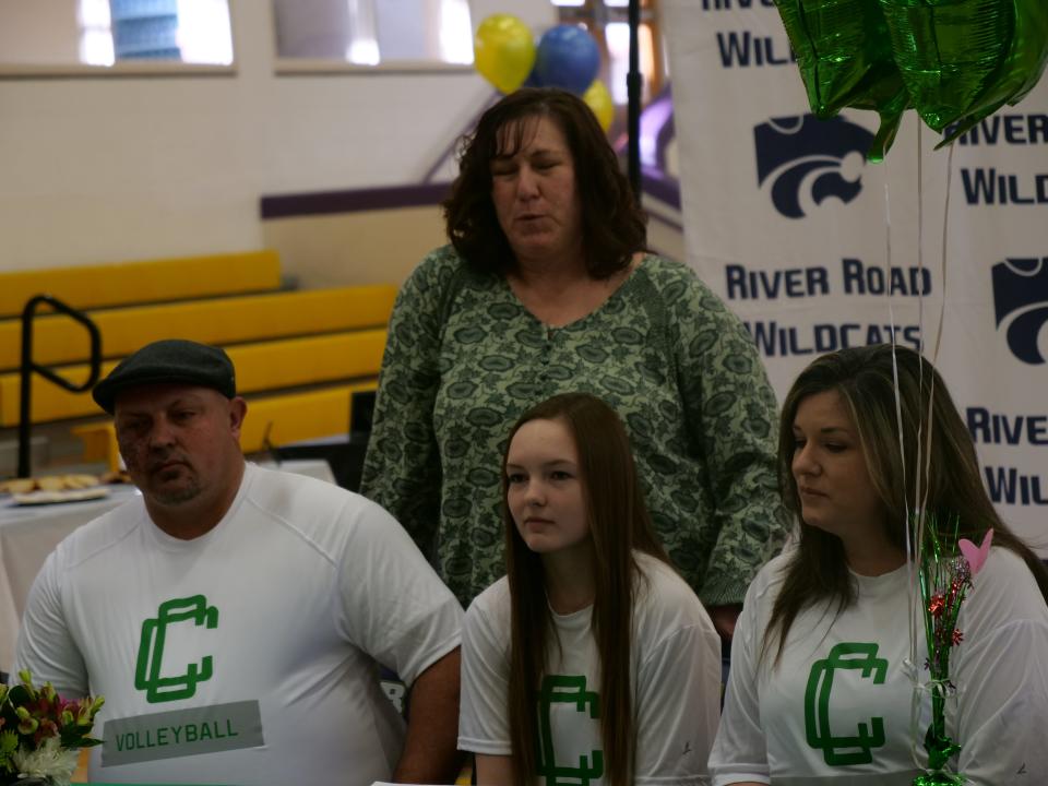 River Road's Rylee Kunkel (seated center) signed her National Letter of Intent to play volleyball for Clarendon College as part of National Signing Day on Wednesday, February 1, 2023 at River Road High School.