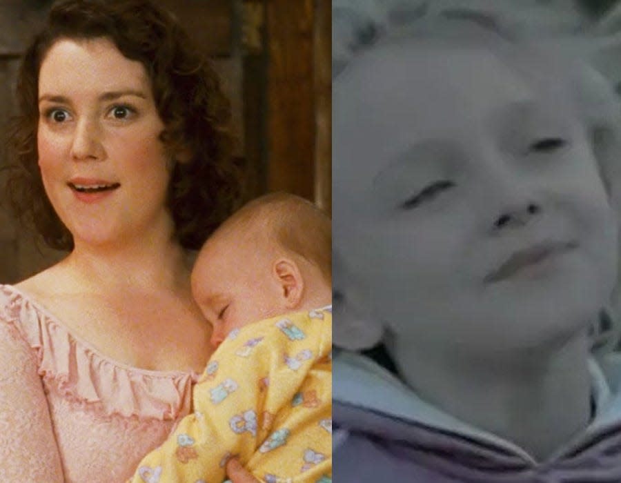 Melanie Lynskey holding a baby sibe-by-side of young Dakota Fanning