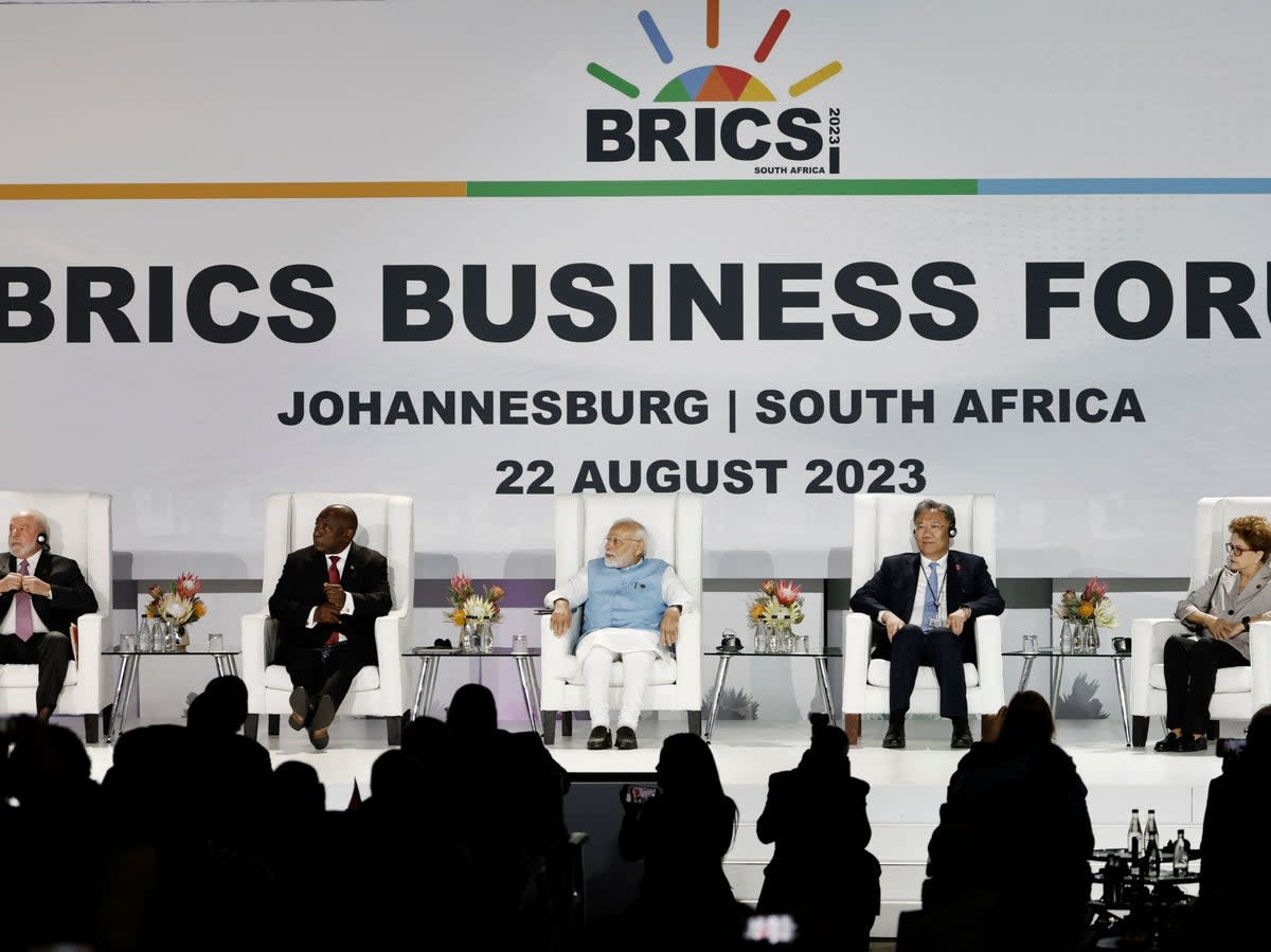 President of Brazil Luiz Inacio Lula da Silva, South African President Cyril Ramaphosa, Prime Minister of India Narendra Modi and China’s Minister of Commerce Wang Wentao attend the 2023 Brics Summit (AFP via Getty Images)