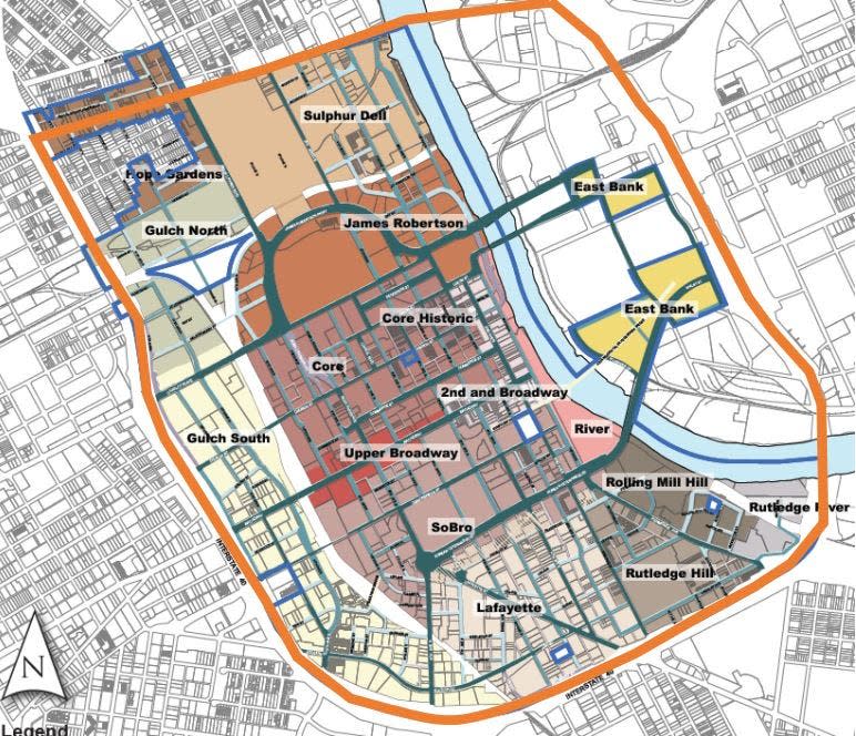 A proposed expansion of the Downtown Code zoning district would extend building-specific regulations across the Cumberland River to the developing East Bank.