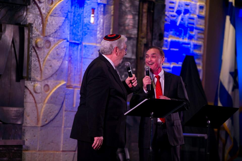 Hazzan David Feuer, left, who retired in May from Temple Emanu-El of Palm Beach after 36 years, and new cantor Meir Finkelstein perform during the Cantorial Concert Celebration on May 5.