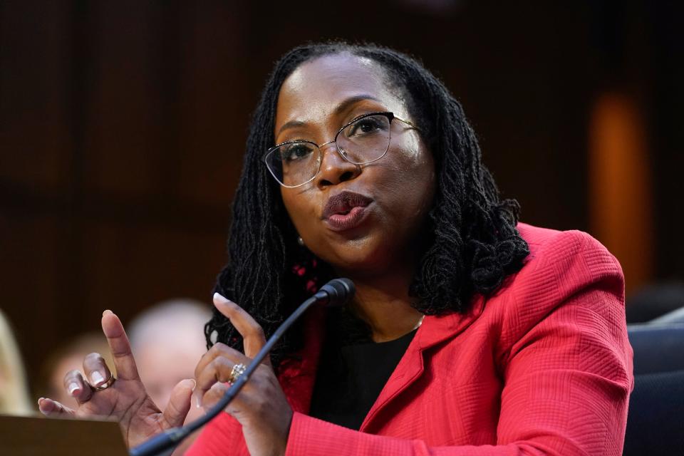 Supreme Court nominee Ketanji Brown Jackson testifies during her Senate Judiciary Committee confirmation hearing on Capitol Hill in Washington, Tuesday, March 22, 2022.