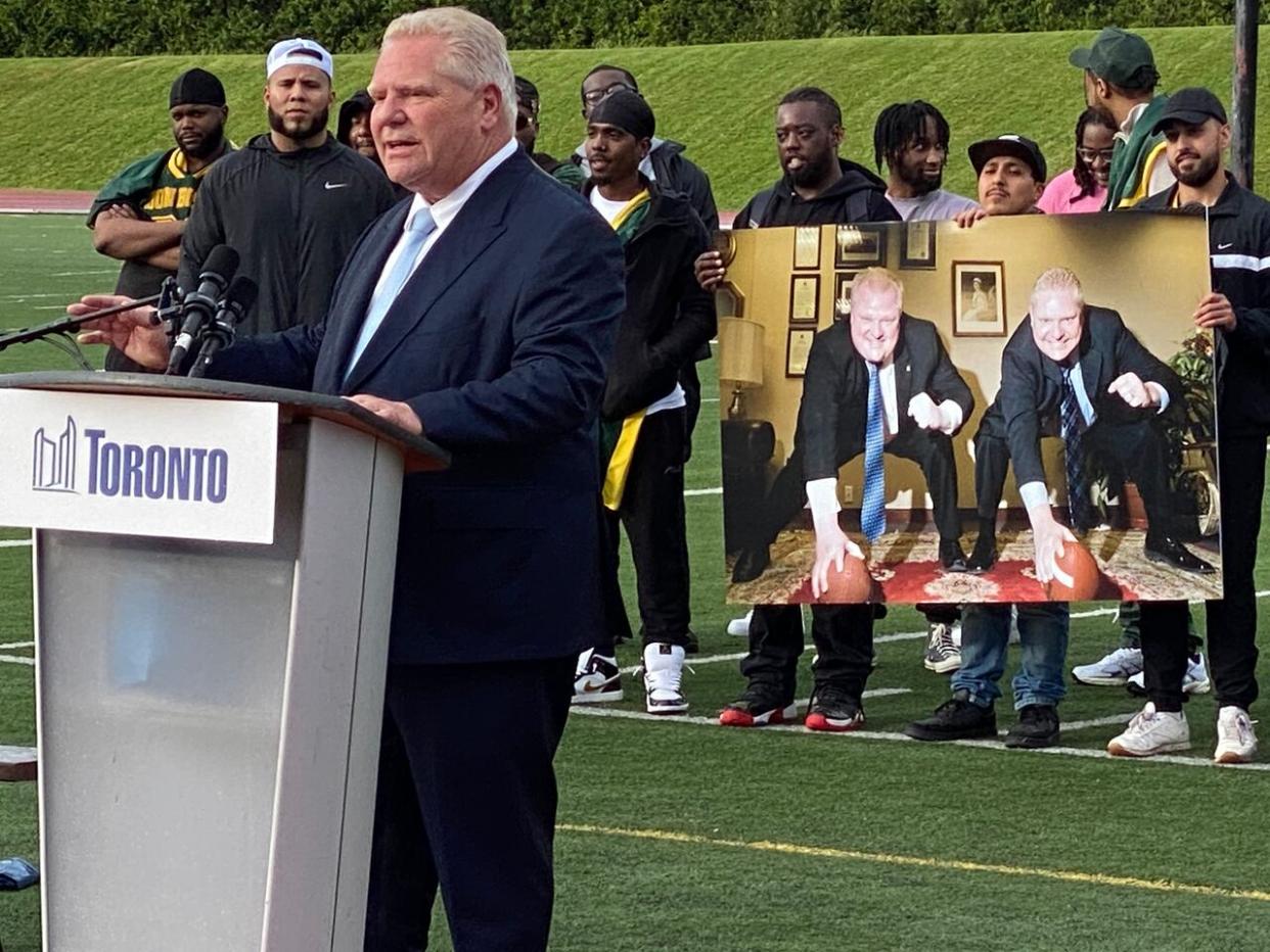 Ontario Premier Doug Ford speaks at a ceremony in Toronto on Tuesday at which a football stadium was officially renamed the Rob Ford Stadium after his late brother. Rob Ford was mayor of Toronto from 2010 to 2014. (Tyler Cheese/CBC - image credit)