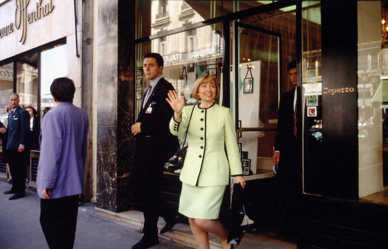 Hillary Clinton in a lime green ensemble on June 7, 1994