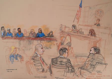 Mark S. DeMarco, Madhi Hashi, Mohamed Yusuf, Susan Kellman, Ali Ahmed, and Sarah Kunstler (back L-R) sit at the defendants table in Brooklyn Federal Court in New York in this courtroom sketch, May 12, 2015. REUTERS/Janet Hamlin