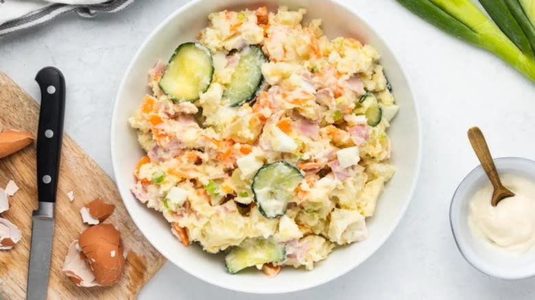 Japanese-style potato salad in white bowl