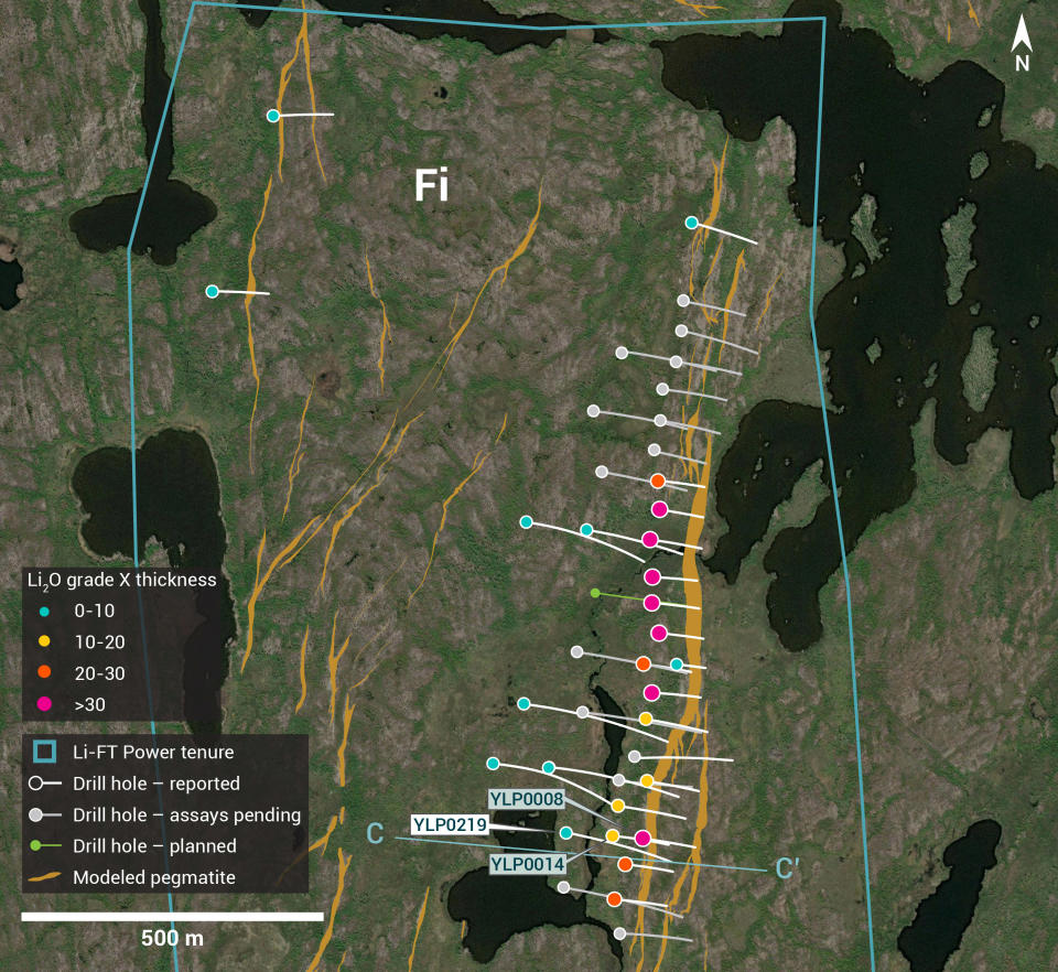 Plan view showing the surface expression of the Fi Main pegmatite with diamond drill holes reported in this press release.