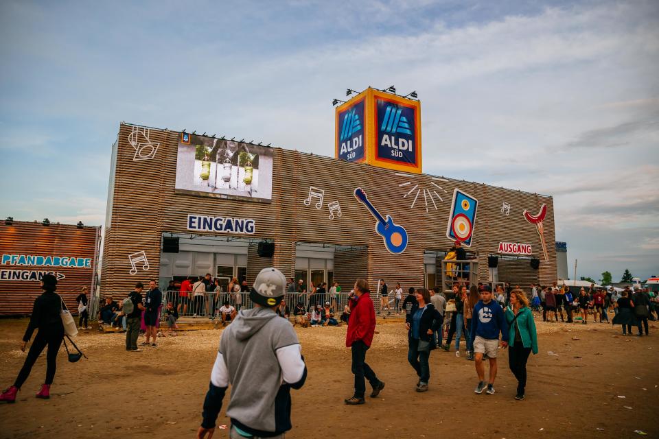 NEUHAUSEN, GERMANY - JUNE 21: Visitors are seen in front of Aldi Süd pop-up store at the Southside Festival 2019 on June 21, 2019 in Neuhausen, Germany.  The temporary store will cater for more than 60,000 festival attendees, and will open from 20 to 24 June. (Photo by Thomas Niedermueller/Getty Images)