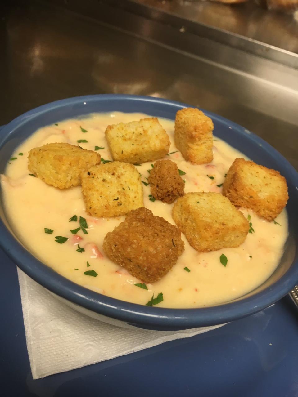 The Cabin in Middleboro has creamy seafood bisque, with shrimp and scallops in a lobster base, garnished with herbed croutons.