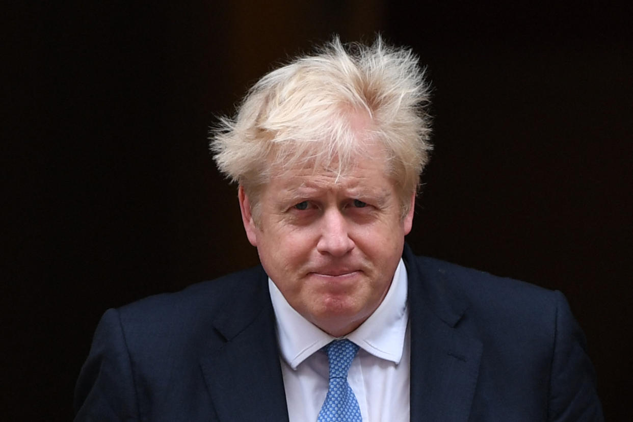 Britain's Prime Minister Boris Johnson arrives to greet President of Chile, Sebastian Pinera outside 10 Downing street in London on September 10, 2021. (Photo by DANIEL LEAL-OLIVAS / AFP) (Photo by DANIEL LEAL-OLIVAS/AFP via Getty Images)