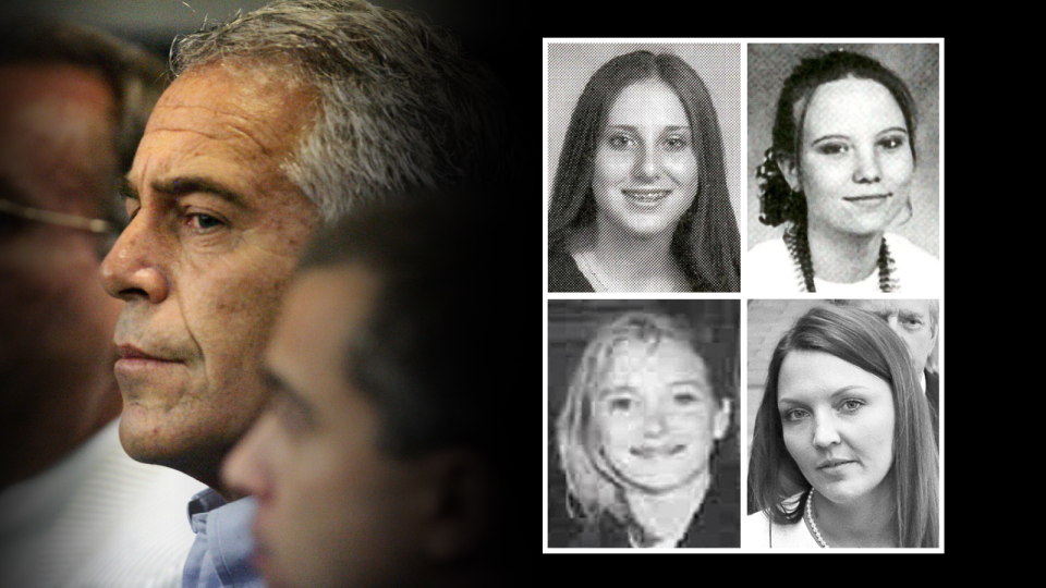 Jeffrey Epstein victims from top left to bottom right: Michelle Licata, Jena-Lisa Jones, Virginia Roberts Giuffree, and Courtney Wild.