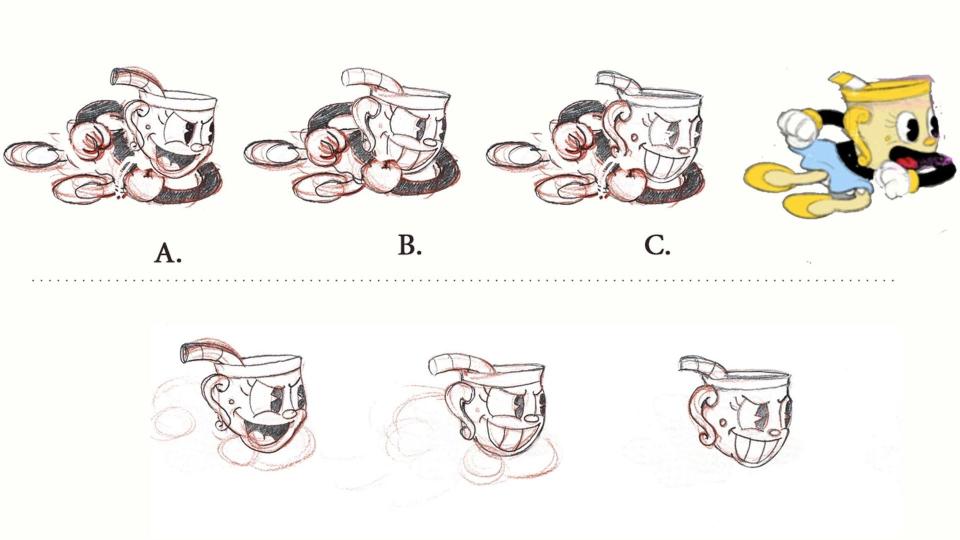 Un arte conceptual paso a paso para el juego Cuphead.  El personaje principal avanza desde un simple boceto a lápiz hasta más detalles (y una pose refinada) y una imagen en color semifinal.