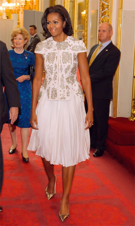 US First Lady Michelle Obama looked lovely in J. Mendel at a reception at Buckingham Palace for Heads of State and Government attending the Olympics Opening Ceremony on July 27, 2012 in London, England. (Photo by Dominic Lipinski - WPA Pool/Getty Images)