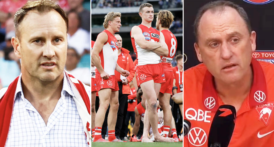 Jude Bolton and John Longmire alongside Sydney Swans players.