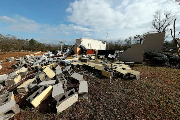 PHOTO: Cinder blocks from the Flatwood Community Center are strewn about, Nov. 30, 2022, in Flatwood, Ala., following a severe storm. (Butch Dill/AP)