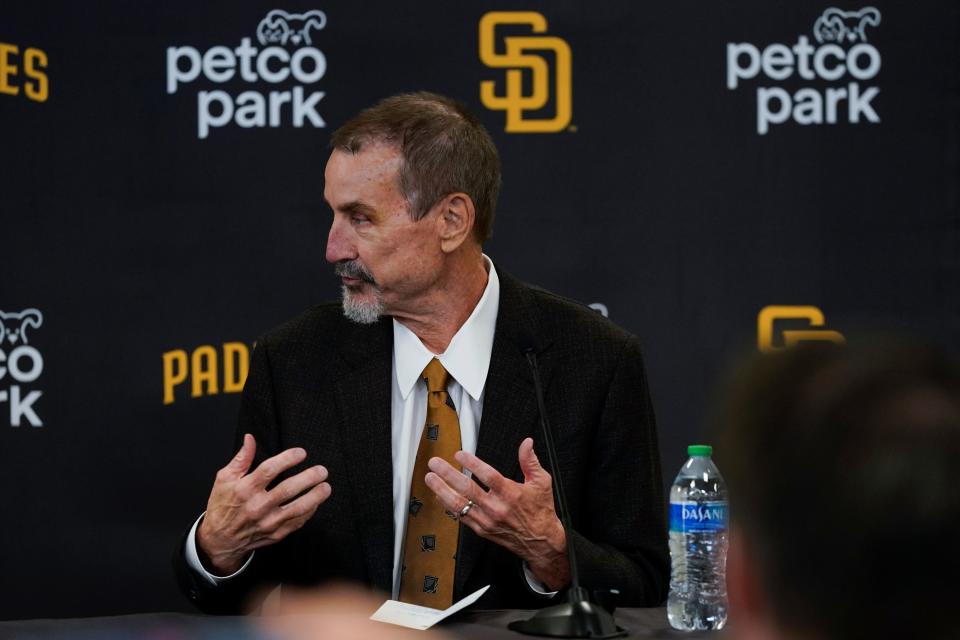 Padres chairman Peter Seidler speaks during a news conference to introduce outfielder Juan Soto and first baseman Josh Bell at Petco Park.