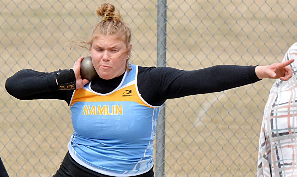 Hamlin's Gracelyn Leiseth prepares to throw the shot put during the Pat Gilligan Alumni track and field meet on Tuesday, April 25, 2023 in Estelline.