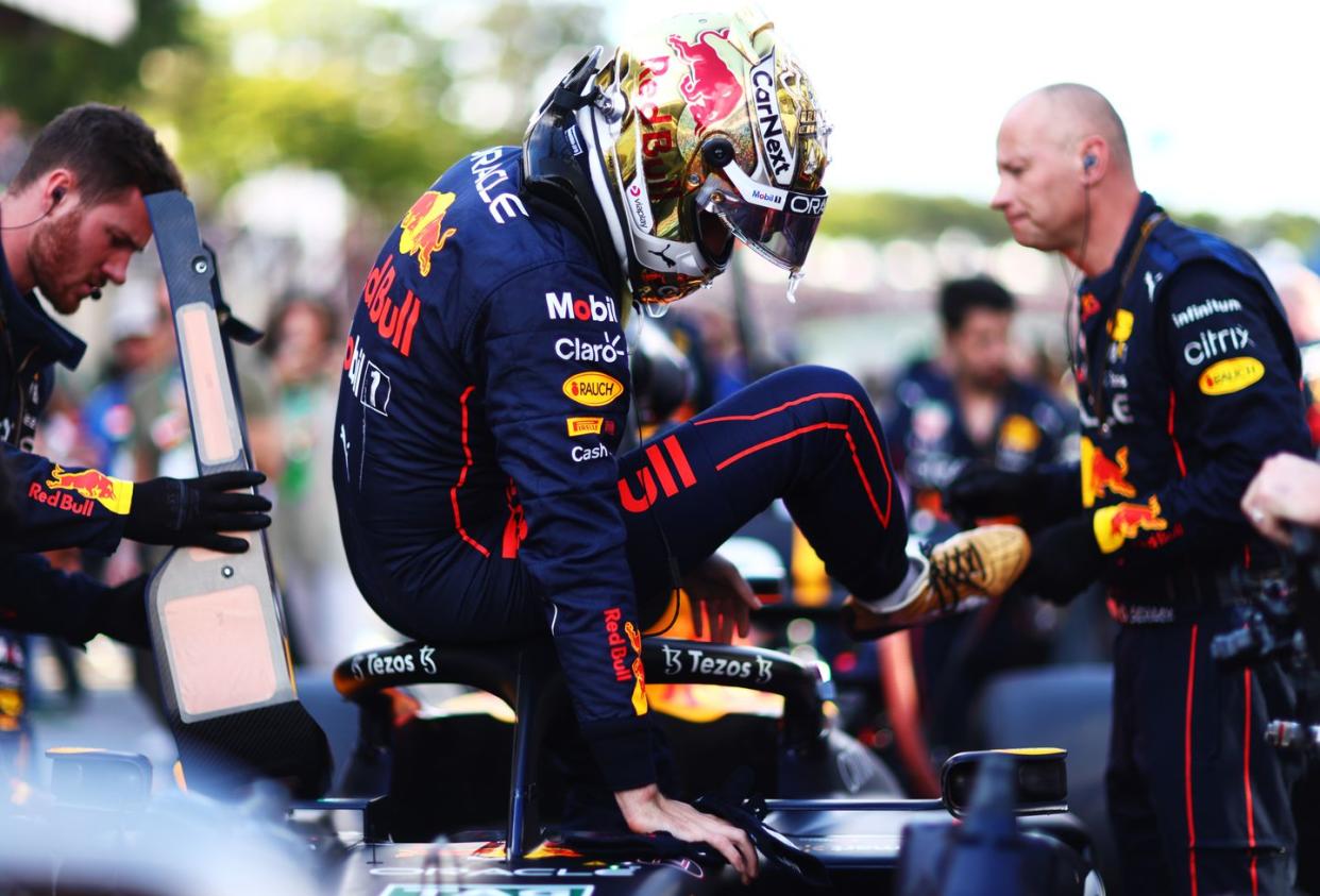 sao paulo, brazil   november 12 max verstappen of the netherlands and oracle red bull racing prepares to drive on the grid during the sprint ahead of the f1 grand prix of brazil at autodromo jose carlos pace on november 12, 2022 in sao paulo, brazil photo by dan istitene   formula 1formula 1 via getty images