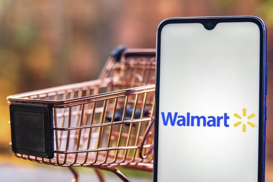 shopping cart, phone with walmart logo