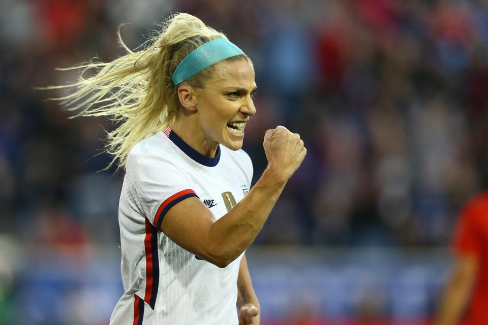 Julie Ertz celebrates after scoring the only goal in the USWNT's 1-0 victory over Spain in the SheBelieves Cup. (Photo by Mike Stobe/Getty Images)