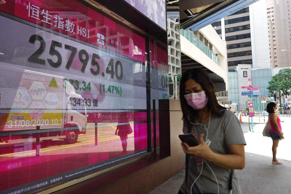 A woman walks past a bank electronic board showing the Hong Kong share index outside a Hong Kong local bank Monday, Aug. 31, 2020. Asian stock markets have risen after Wall Street turned in its fifth straight weekly gain and China’s manufacturing growth held steady.(AP Photo/Vincent Yu)