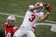 Indiana receiver Ty Fryfogle, right, catches a pass for a touchdown over Ohio State defensive back Shaun Wade during the second half of an NCAA college football game Saturday, Nov. 21, 2020, in Columbus, Ohio. Ohio State beat Indiana 42-35. (AP Photo/Jay LaPrete)
