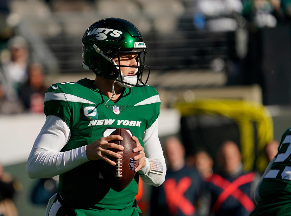 Dec 12, 2021; East Rutherford, N.J.,USA;<br>New York Jets quarterback Zach Wilson (2) drops back to pass against the New Orleans Saints in the first half at MetLife Stadium. Mandatory Credit: Robert Deutsch-USA TODAY Sports