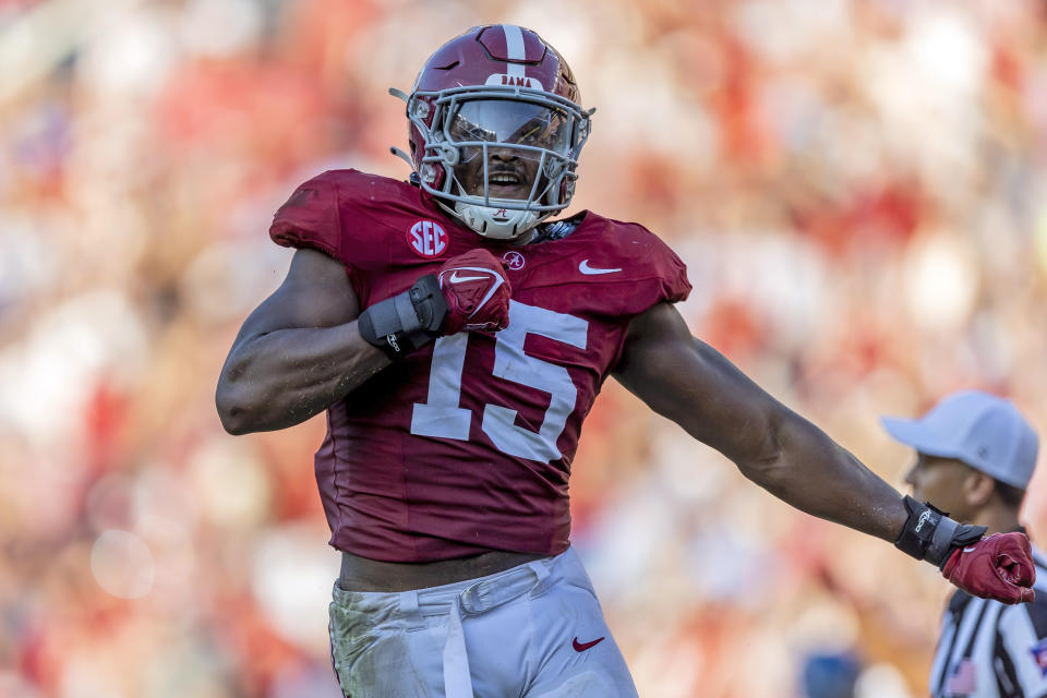 FILE - Alabama linebacker Dallas Turner (15) celebrates a sack against Mississippi during the second half of an NCAA college football game, Saturday, Sept. 23, 2023, in Tuscaloosa, Ala. Turner is a possible first round pick in the NFL Draft.(AP Photo/Vasha Hunt, File)