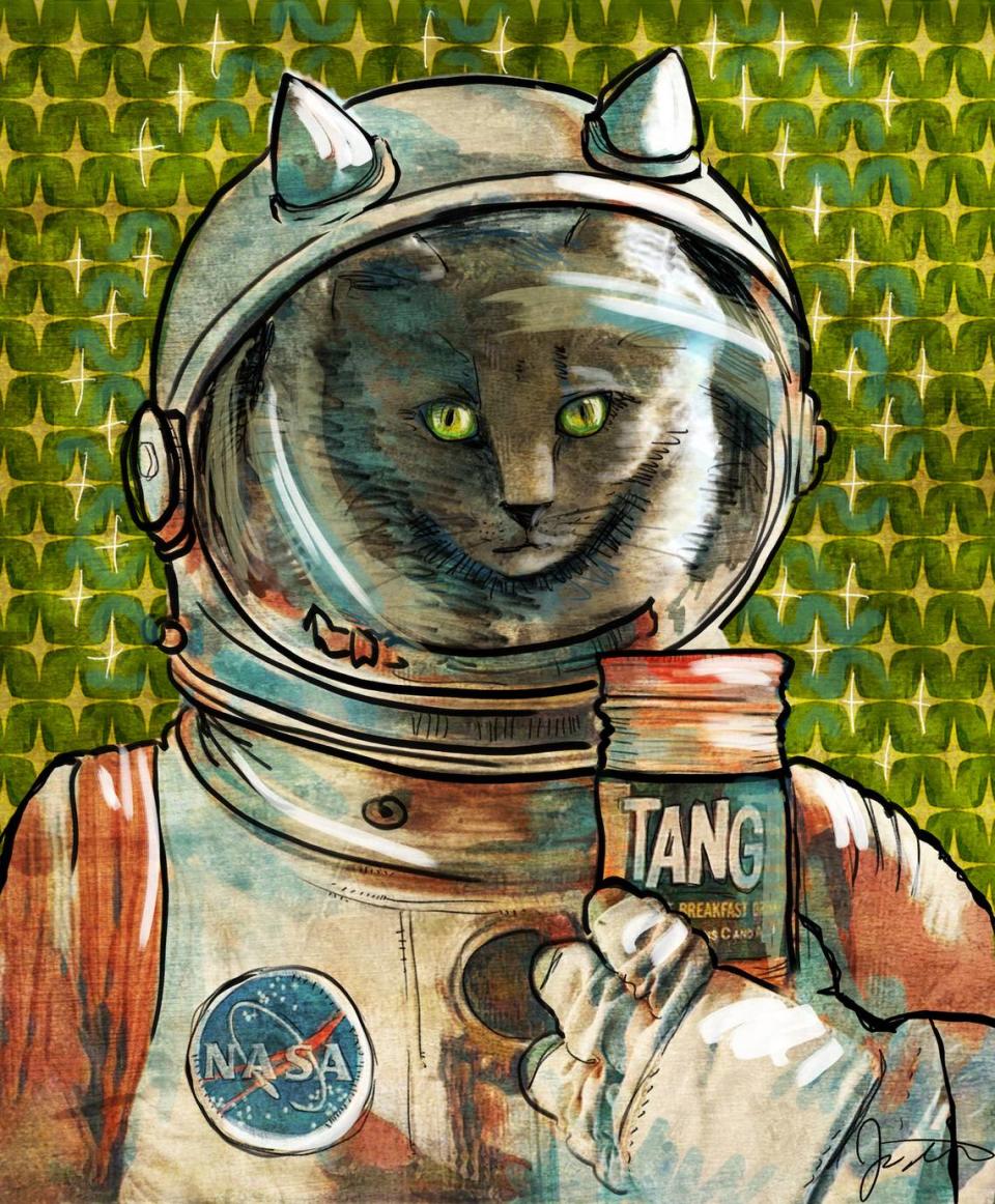 “Bluey the Space Cadet,” from Jill Carter’s 2024 calendar, “The Secret Lives of the Farm Animals on Hoot N’ Holler Lane,” is among the fanciful works on view at Olympia Family Theater during Arts Walk.