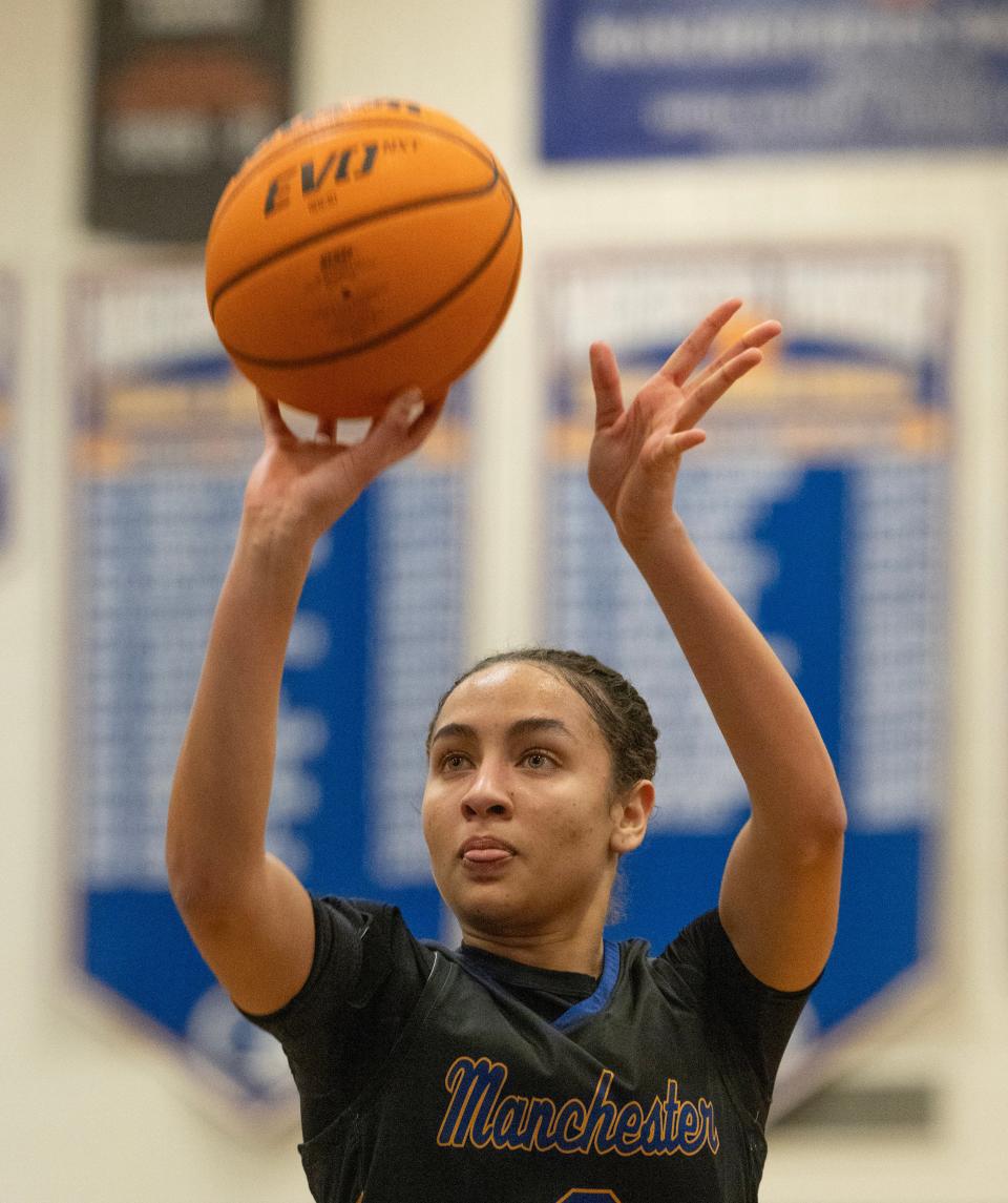 Devyn Quigley adds to her scoring total at the foul line. Manchester Girls Basketball advances in state tournament play against Overbrook as Devyn Quigley surpassed the all-time scoring record on the Shore. against